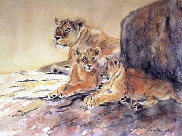 Rocks and Shade - Lioness and Cubs at Gol Kopjes, Serengeti, Tanzania by Angela Drysdale