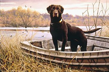 Waiting for the Master's Command - Chocolate Labrador Retriever in duck boat by Larry Chandler