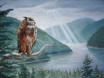 European Eagle Owl and Landscape -  by Gregory Wellman