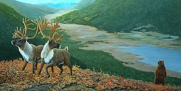 Caribou hunt - Caribou and Alaskan Brown Bear by Robert Schlenker