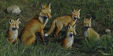 The Fox Den - Red Fox Mother & Kits by Edward Spera