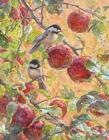 Autumn Morning - chickadees and apples by Beth Hoselton