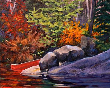 Algonquin Fantasy - Canoe on shoreline in autumn by RoseMarie Condon