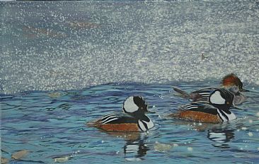 Crystal Courting (SOLD) - hooded mergansers by Theresa Eichler
