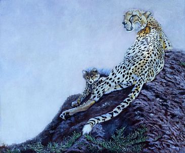 Mum and Me (2013 update) - Cheetah mum and cub on termite mound by Theresa Eichler