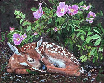 Sleeping Beauty - fawn with wild roses by Theresa Eichler