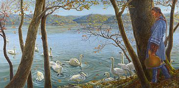 All are Drawn to the River - Ohio River, Trumpeter swans and Shawnee woman by Mary Louise Holt