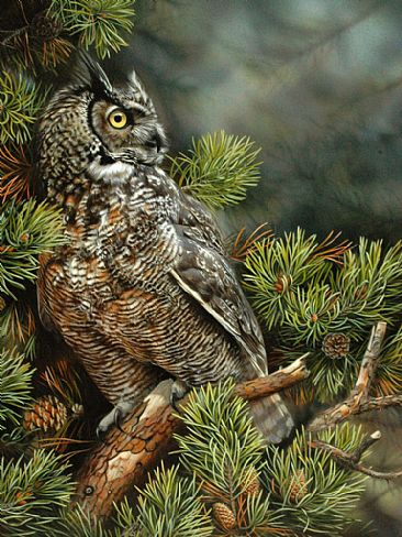 Twilight - Great Horned Owl (SOLD) - Great Horned Owl by Julia Hargreaves