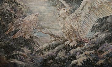 Snowy Owls - Snowy Owls in a snow storm by Sarah Baselici