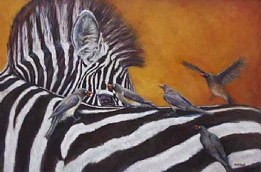 Birds of a feather - Red-billed ox peckers on zebra by Michelle McCune