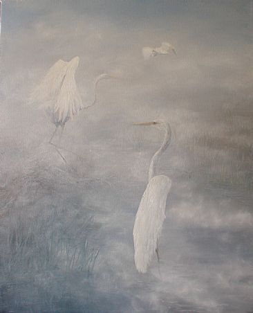 The Hollow - three egrets, marshland and fog by Sunny Franson