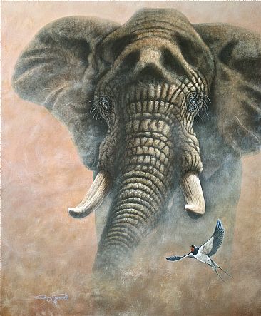 Symbiotic Balance, Elephants and Swallows - African Elephant and Swallow by David Prescott
