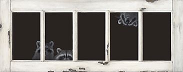 Trouble - Raccoons and transom window by Vicki Ferguson