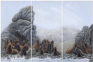 Shoreline Chorus (triptych) - Steller Sea Lions by Patricia Mansell