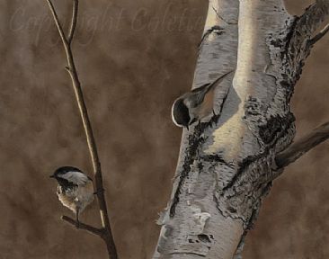 Two's Company (SOLD) - Black capped chickadee (Poecile atricapillus)-avian artwork by Colette Theriault
