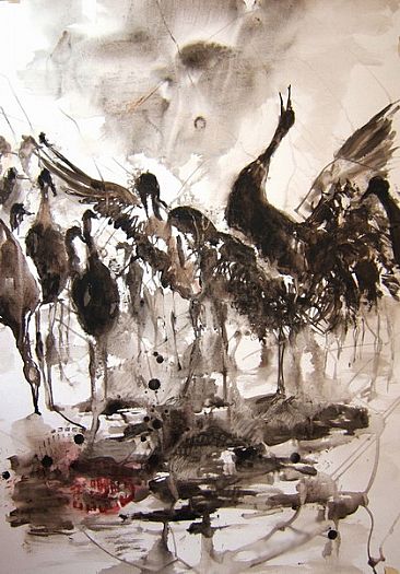 string orchestra - cranes in agamon hahula by Varda Breger