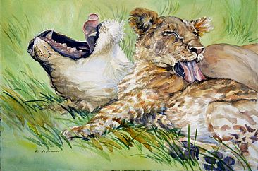 Tangled Tongue - Lioness and cub by Karyn deKramer
