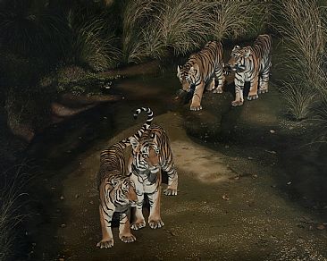 Tigress with her sub-adult cubs. - Painting of a family of Tigers in the Kanha Tiger Reserve-Central India. by Sunita Dhairyam