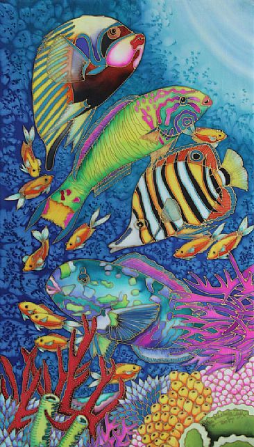Fish Party V - A group of colourful tropical fish by Kim Toft