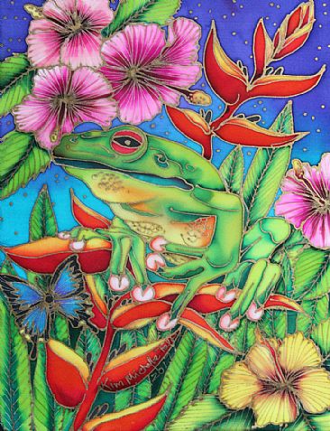 Sitting In Heliconias - Green tree frog in Heliconias by Kim Toft