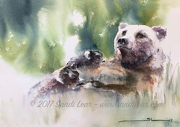 Tendresse - Grizzly Bear mother with cubs by Sandi Lear