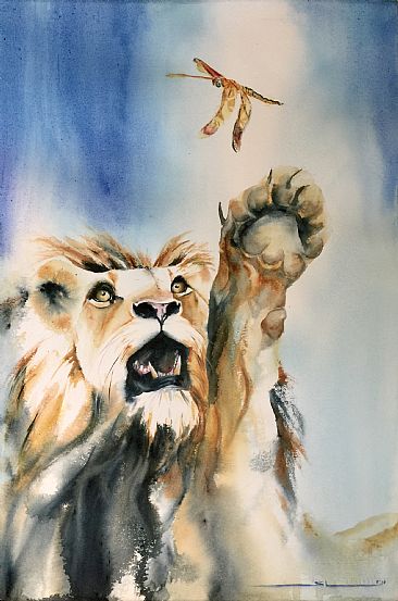Awe - Lion with dragonfly by Sandi Lear