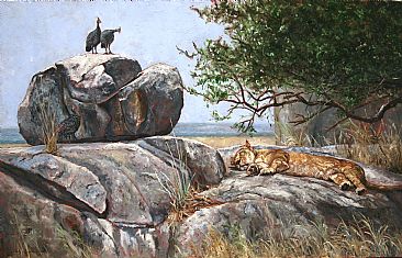 Someone to Watch Over Me - lioness and helmeted guinea fowl by Linda Besse
