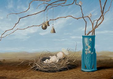 Angel Hatchling detail - porcelaine doll, butterflys, nest, Roseville vace, egg, bell by Linda Herzog
