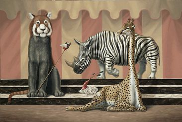 Confusion - Tiger, Red Panda, Rhinoceros, Zebra, Giraffe, Cheetah, Confusion by Linda Herzog