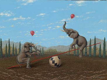 Ed Loves It When He Is Up - Elephant, african elefant, teeter totter, balloon by Linda Herzog