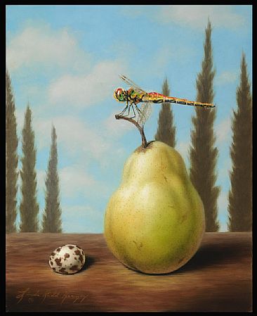 Hitching Pear - Pear, Dragonfly, quail egg by Linda Herzog