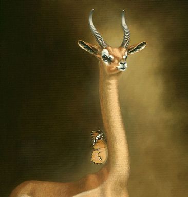 Lincoln Upon His Favored Bell - detail top - Gerenuk Antilope, Plain Tiger Butterfly, bell by Linda Herzog