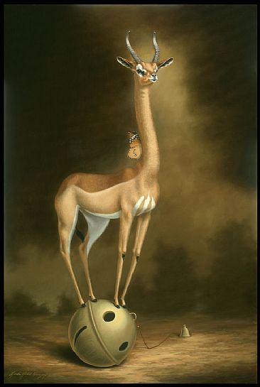 Lincoln Upon His Favored Bell - Gerenuk Antelope, Plain Tiger Butterfly, Bell, brass bell by Linda Herzog