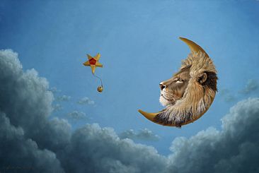 Lion Moon - Lion, brass moon, brass star, brass bell by Linda Herzog