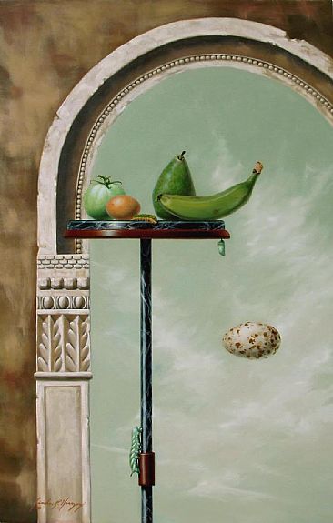 Not Ripe Yet - fruit, egg, caterpillar by Linda Herzog
