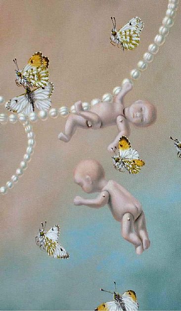 Porcelain and Pearls - detail bottom - Orange Tip Butterfly, Antique Porcelain Doll, Pearls by Linda Herzog