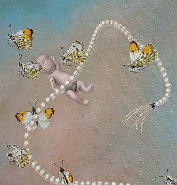 Porcelain and Pearls - detail top - Orange Tip butterflys, Antique German Doll, Pearls by Linda Herzog