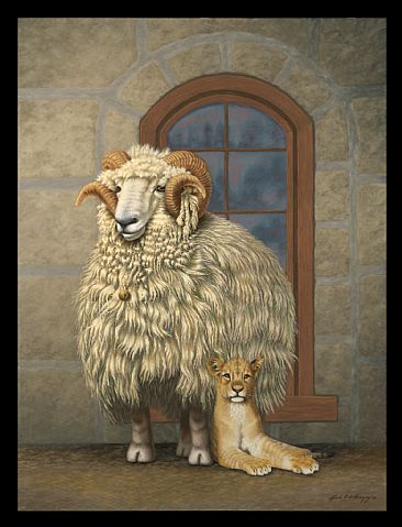 The Sheep And The Cub - Sheep, Drysdale Ram, Cub, Lion cub by Linda Herzog