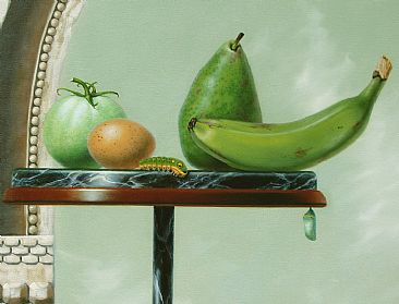 Not Ripe Yet - detail - fruit, egg, caterpillar by Linda Herzog