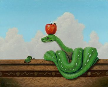 Temptation - emerald tree snake, snake, apple, bee by Linda Herzog