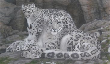 Mountain Retreat - snow leopard family by Sandra Temple